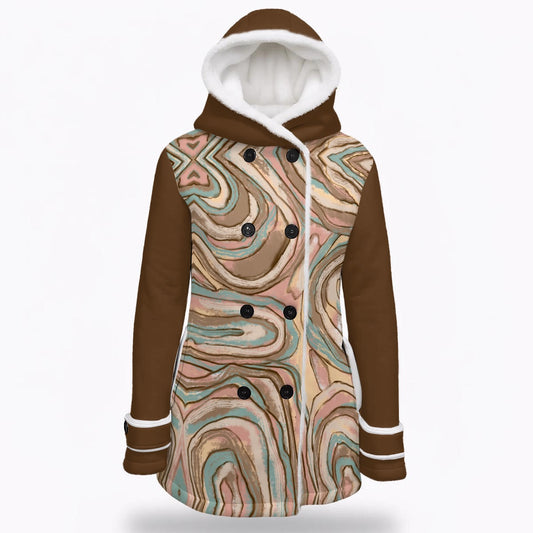 All-Over Print Women's Hooded Double-Breasted Winter Coat With Fleece